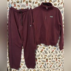 Pink brand burgundy pullover jogger set.
